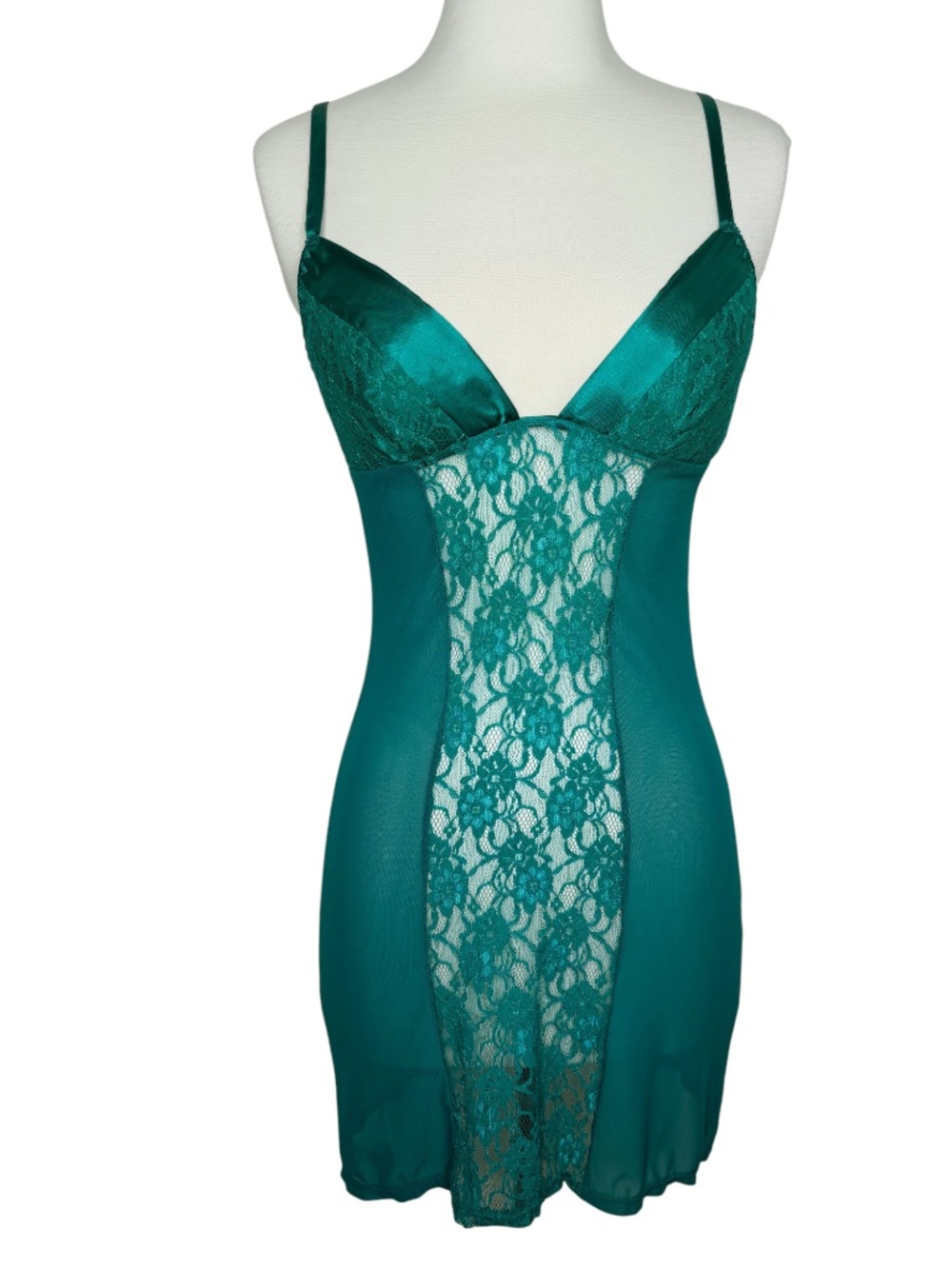 Frederick's of Hollywood Green Satin Mesh Lace Cut Out Slip Lingerie Size Small